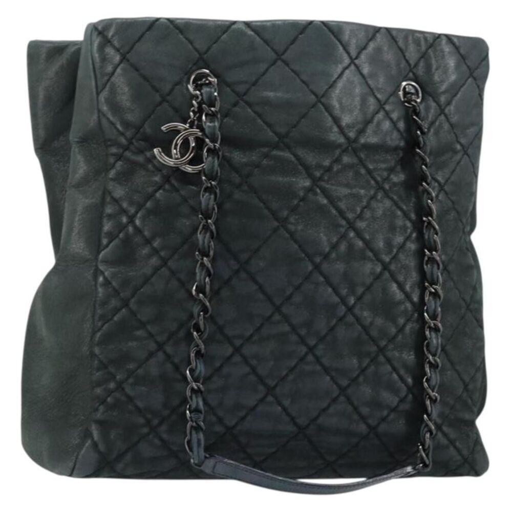Chanel Cc Charm Tote Quilted Iridescent Calfskin Green Leather Tote Bag Bag